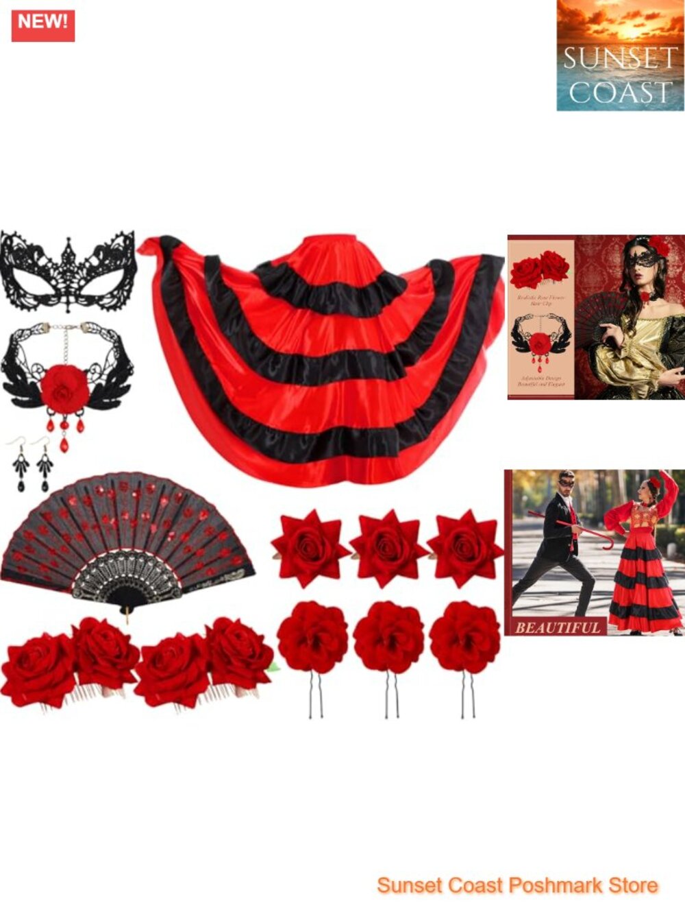 Flamenco Dancer Costume Accessory Set 13 Pcs Sequin Fan Rose Hair Clip Skirt